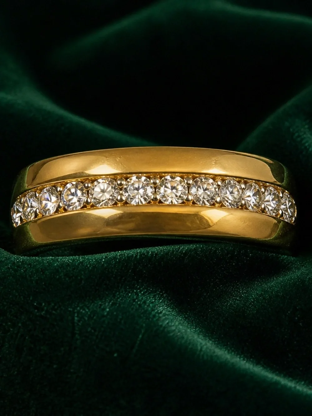 Luxury Collection Titanium Steel Golden w/ Cubic Zirconia Inlay Beveled Band S 7